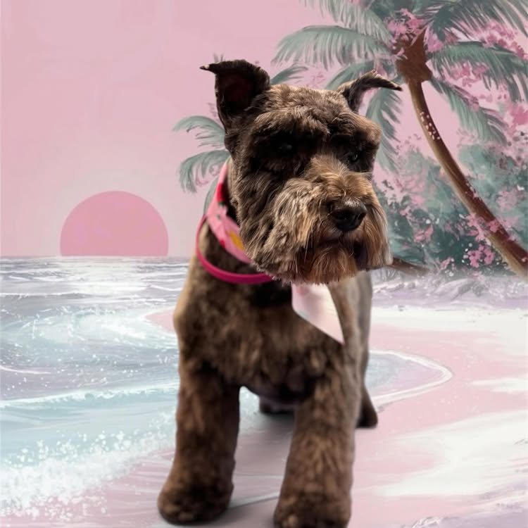Freshly groomed schnauzer-style dog standing in front of a pastel pink tropical backdrop