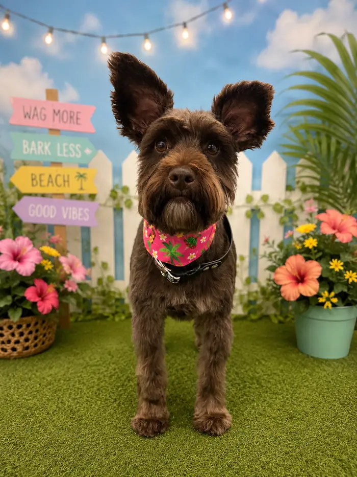 Freshly groomed dark-coated dog wearing a pink floral bandana