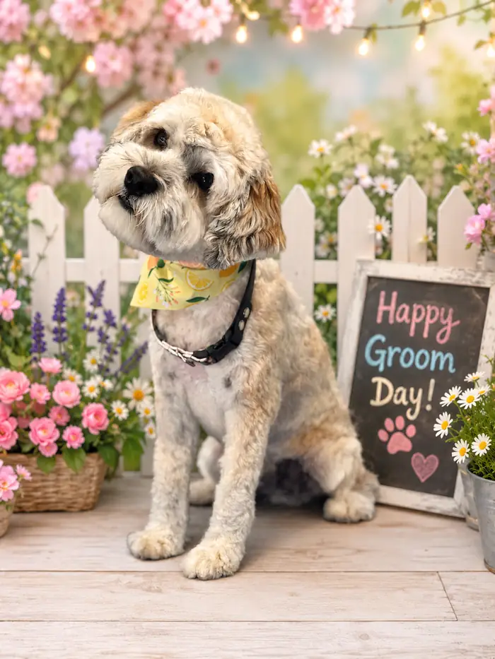 Freshly groomed curly-coated dog posing in front of a happy groom day sign
